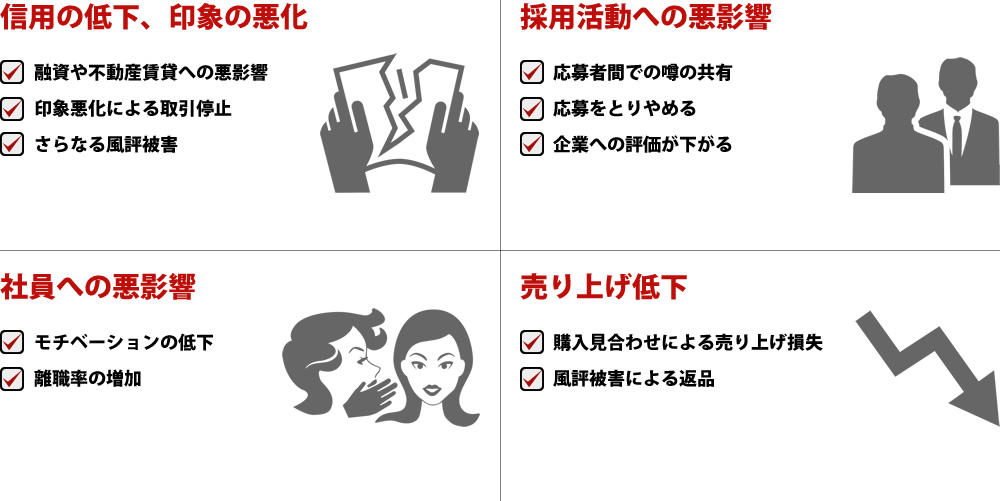 信用の低下、印章の悪化、採用活動への悪影響、社員への悪影響、売り上げ低下