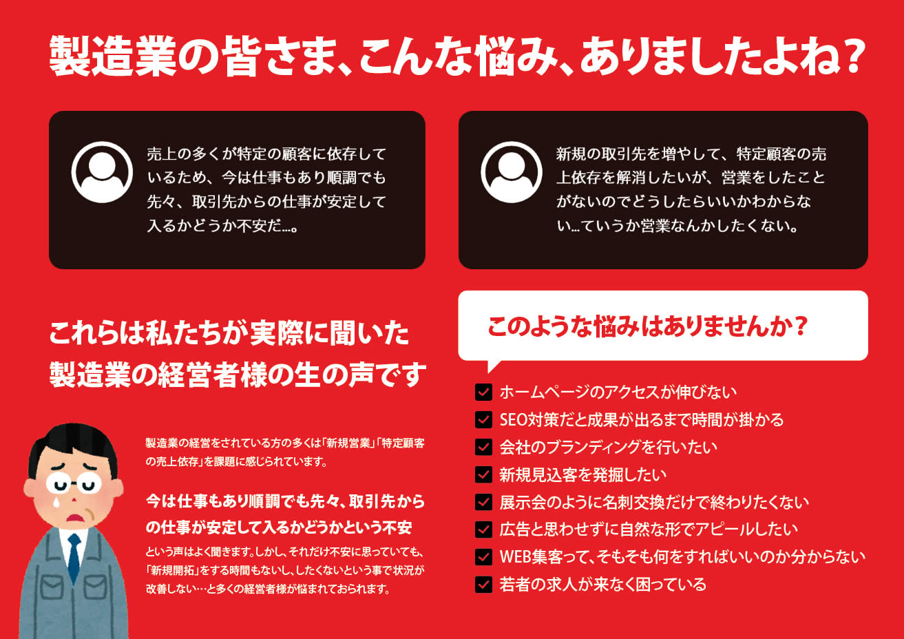 製造業の皆さま、こんな悩み、ありましたよね？　これらは私たちが実際に聞いた製造業の経営者様の生の声です　製造業の経営をされている方の多くは「新規営業」「特定顧客の売上依存」を課題に感じられています。今は仕事もあり順調でも先々、取引先からの仕事が安定して入るかどうかという不安という声はよく聞きます。しかし、それだけ不安に思っていても、「新規開拓」をする時間もないし、したくないという事で状況が改善しない…と多くの経営者様が悩まれておられます。　✓このような悩みはありませんか？　✓ホームページのアクセスが伸びない　✓SEO対策だと成果が出るまで時間が掛かる　✓会社のブランディングを行いたい　✓新規見込客を発掘したい　✓展示会のように名刺交換だけで終わりたくない　✓広告と思わせずに自然な形でアピールしたい　✓WEB集客って、そもそも何をすればいいのか分からない　✓若者の求人が来なく困っている